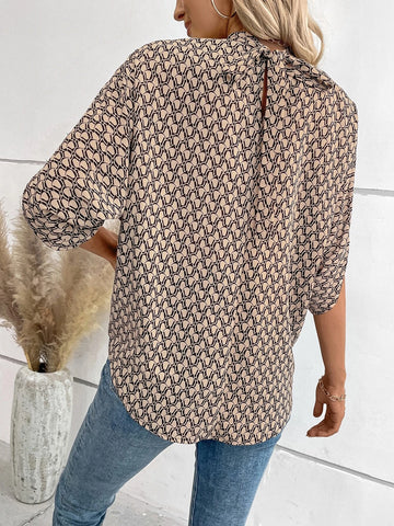 Allover Print Mock Neck Batwing Sleeve Blouse