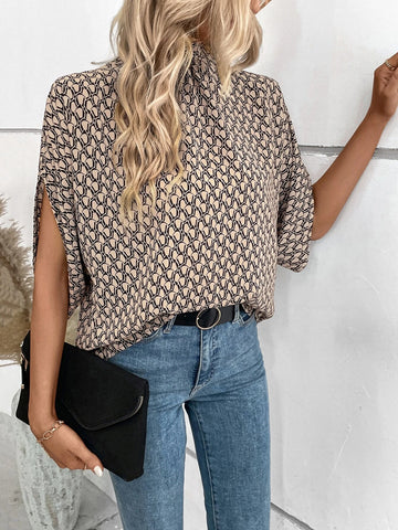 Allover Print Mock Neck Batwing Sleeve Blouse