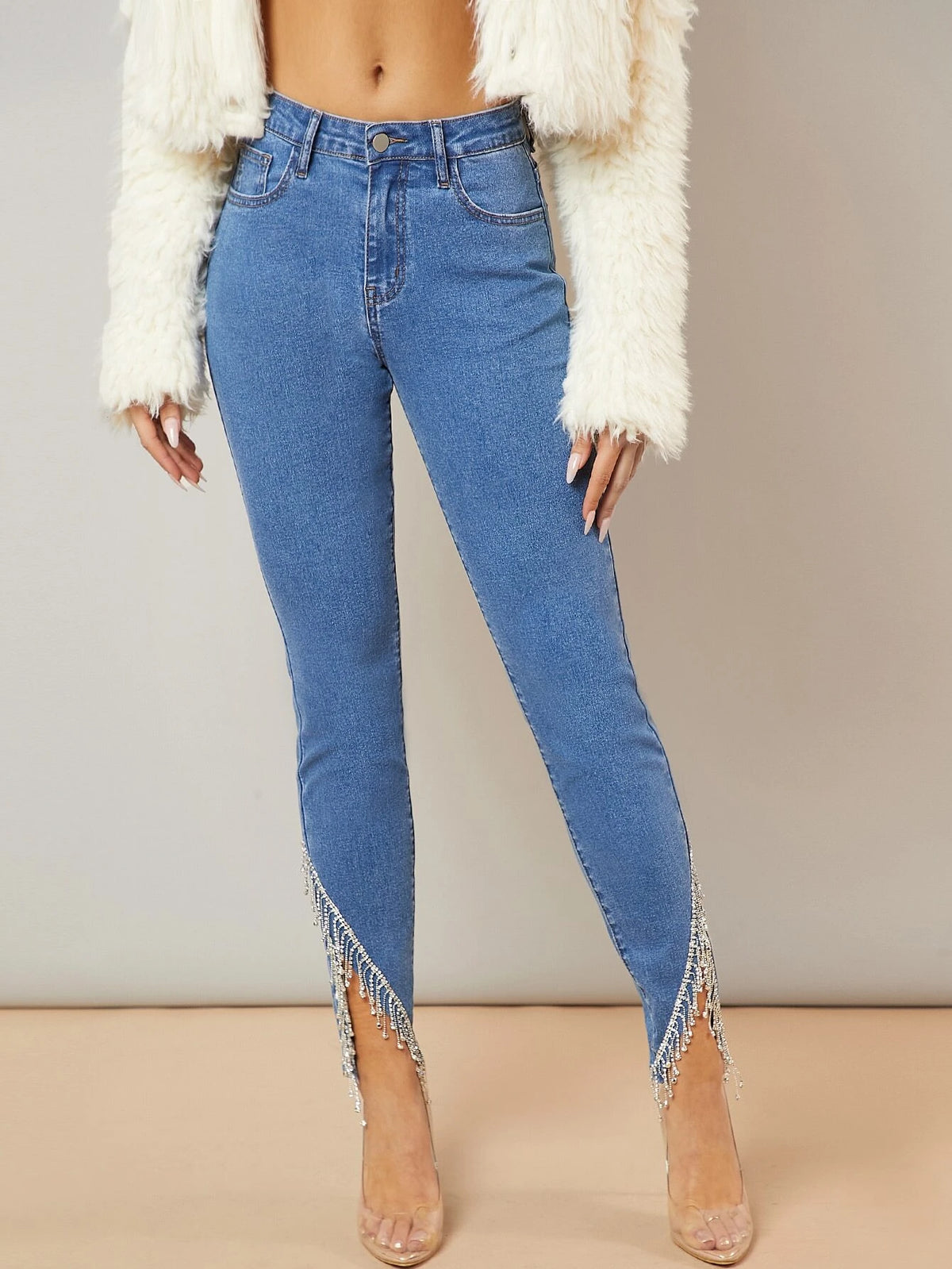 Rhinestone Fringe Asymmetrical Hem Skinny Jeans