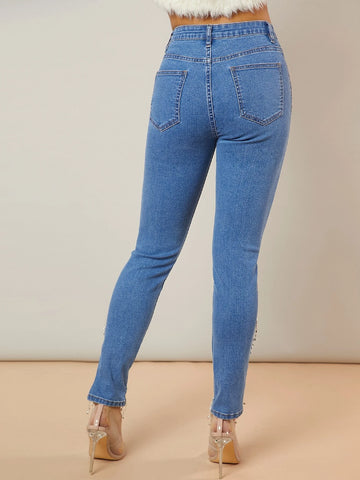 Rhinestone Fringe Asymmetrical Hem Skinny Jeans