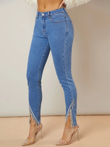 Rhinestone Fringe Asymmetrical Hem Skinny Jeans