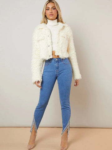 Rhinestone Fringe Asymmetrical Hem Skinny Jeans