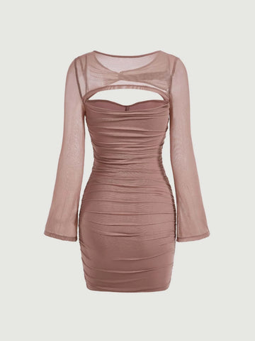 Contrast Mesh Cut Out Ruched Bodycon Dress