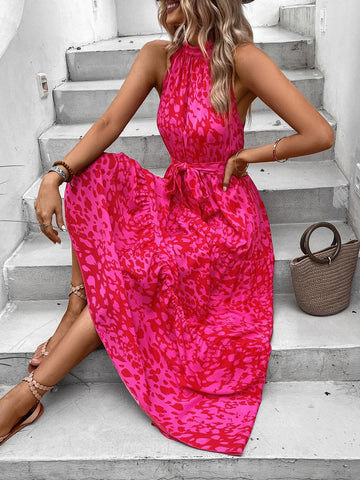 All Over Print Belted Halter Dress