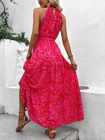 All Over Print Belted Halter Dress