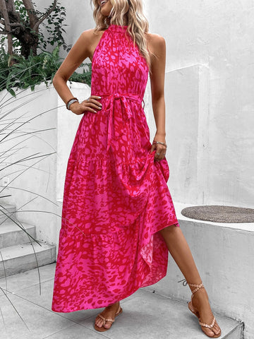All Over Print Belted Halter Dress