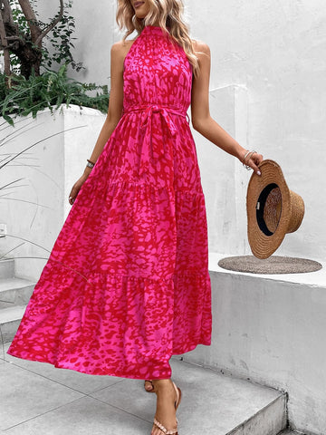 All Over Print Belted Halter Dress