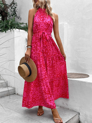 All Over Print Belted Halter Dress