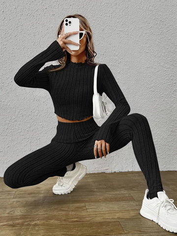 Mock Neck Lettuce Trim Crop Tee & Leggings