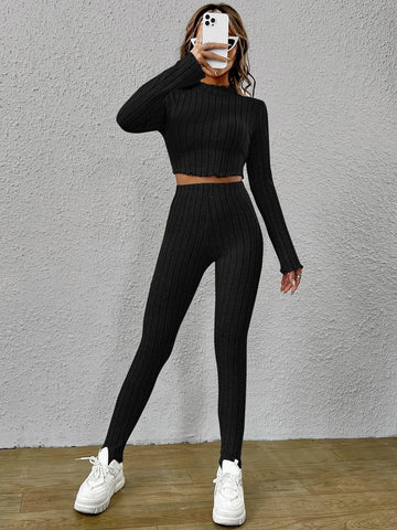 Mock Neck Lettuce Trim Crop Tee & Leggings