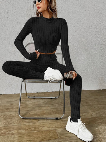 Mock Neck Lettuce Trim Crop Tee & Leggings