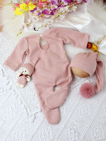 Newborn Photography Rib Knit Footed Jumpsuit & Hat & Teddy Bear