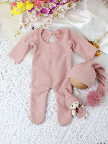 Newborn Photography Rib Knit Footed Jumpsuit & Hat & Teddy Bear