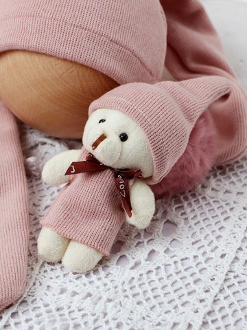 Newborn Photography Rib Knit Footed Jumpsuit & Hat & Teddy Bear