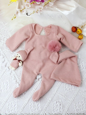 Newborn Photography Rib Knit Footed Jumpsuit & Hat & Teddy Bear