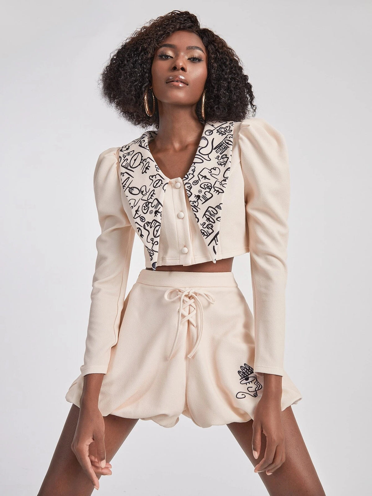 Figure Graphic Chelsea Collar Gigot Sleeve Crop Top & Lace Up Balloon Shorts