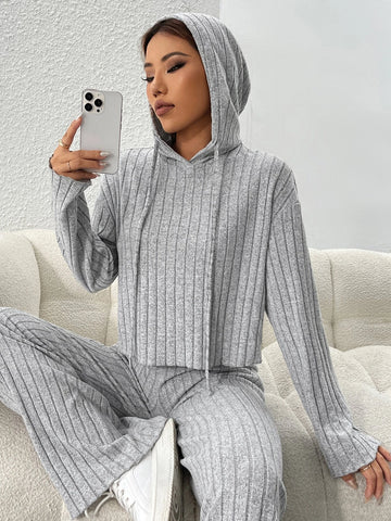 PETITE Ribbed Knit Drop Shoulder Drawstring Hoodie & Pants