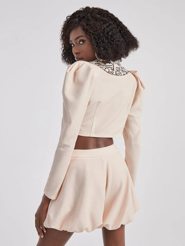 Figure Graphic Chelsea Collar Gigot Sleeve Crop Top & Lace Up Balloon Shorts