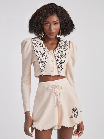 Figure Graphic Chelsea Collar Gigot Sleeve Crop Top & Lace Up Balloon Shorts