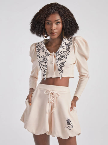Figure Graphic Chelsea Collar Gigot Sleeve Crop Top & Lace Up Balloon Shorts