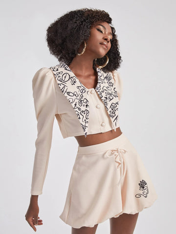 Figure Graphic Chelsea Collar Gigot Sleeve Crop Top & Lace Up Balloon Shorts