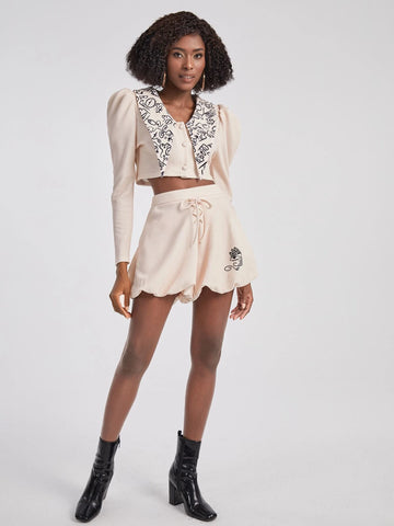 Figure Graphic Chelsea Collar Gigot Sleeve Crop Top & Lace Up Balloon Shorts