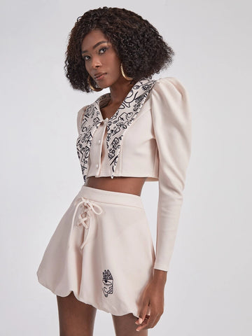 Figure Graphic Chelsea Collar Gigot Sleeve Crop Top & Lace Up Balloon Shorts