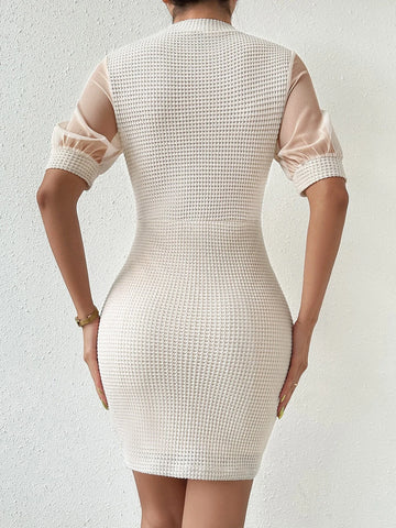 Contrast Mesh Puff Sleeve Mock Neck Bodycon Dress