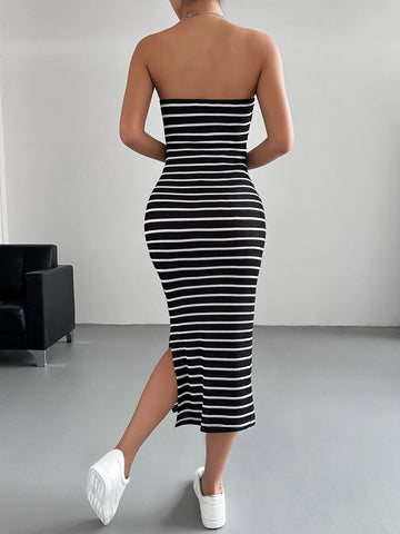 EZwear Striped Split Thigh Tube Dress