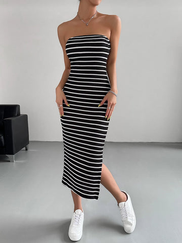 EZwear Striped Split Thigh Tube Dress