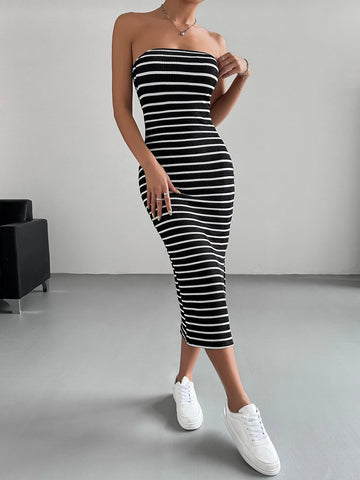EZwear Striped Split Thigh Tube Dress