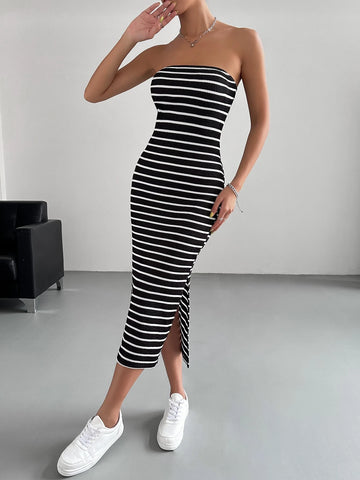 EZwear Striped Split Thigh Tube Dress
