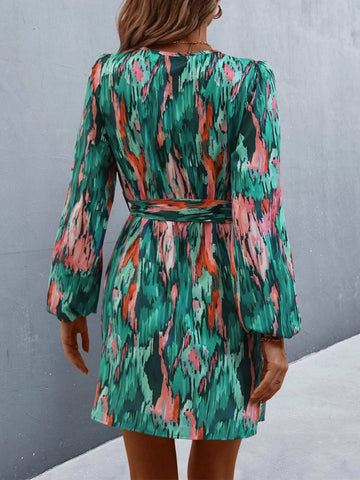 Allover Print Lantern Sleeve Belted Wrap Hem Dress