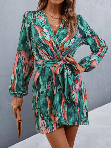 Allover Print Lantern Sleeve Belted Wrap Hem Dress