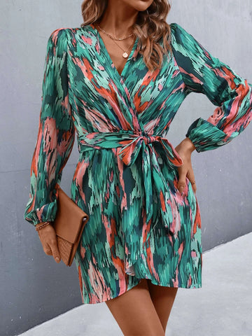 Allover Print Lantern Sleeve Belted Wrap Hem Dress