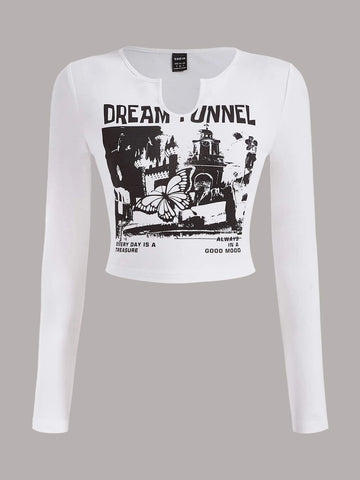 Letter & Building Print Notched Neck Crop Tee
