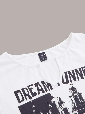Letter & Building Print Notched Neck Crop Tee