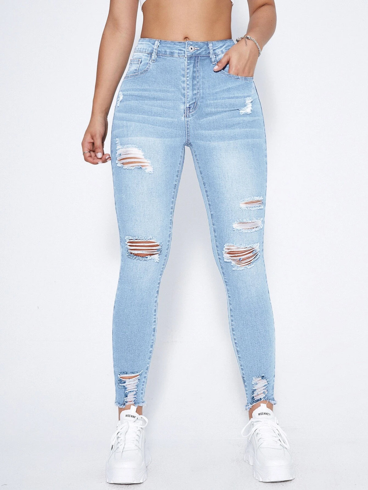 High Waist Ripped Moustache Effect Skinny Jeans
