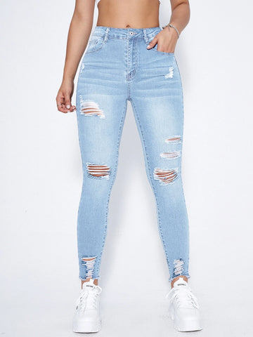 High Waist Ripped Moustache Effect Skinny Jeans