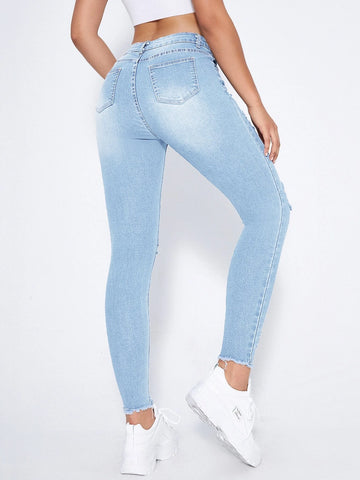 High Waist Ripped Moustache Effect Skinny Jeans