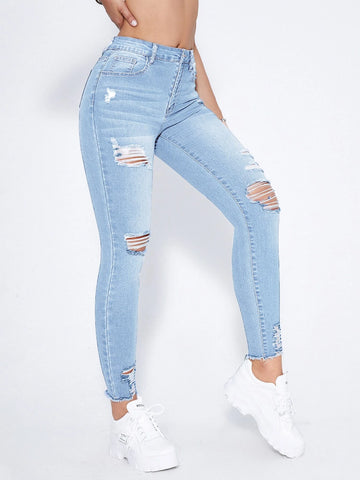 High Waist Ripped Moustache Effect Skinny Jeans
