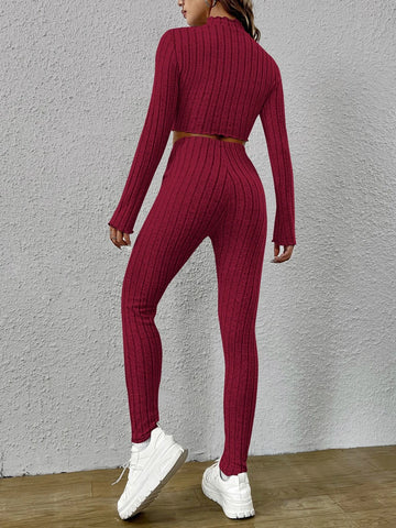 Mock Neck Lettuce Trim Crop Tee & Leggings