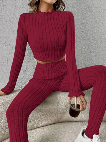 Mock Neck Lettuce Trim Crop Tee & Leggings