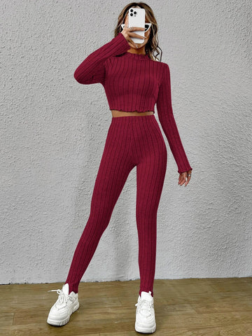 Mock Neck Lettuce Trim Crop Tee & Leggings