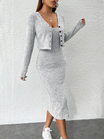 PETITE Marled Knit Split Thigh Cami Dress & Button Up Top