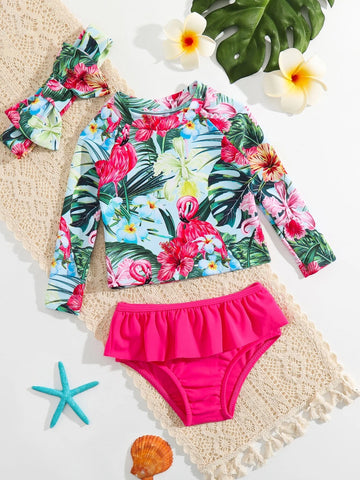 Baby Tropical Print Ruffle Trim Bikini Swimsuit & Headband