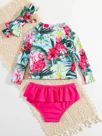 Baby Tropical Print Ruffle Trim Bikini Swimsuit & Headband