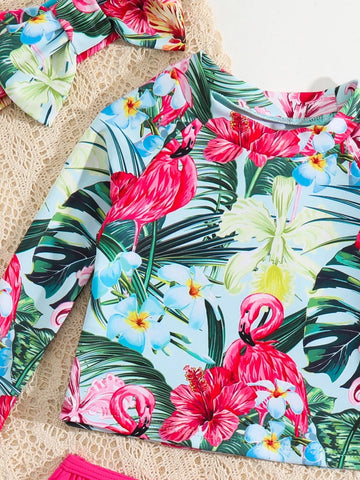 Baby Tropical Print Ruffle Trim Bikini Swimsuit & Headband
