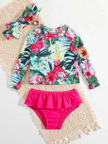 Baby Tropical Print Ruffle Trim Bikini Swimsuit & Headband