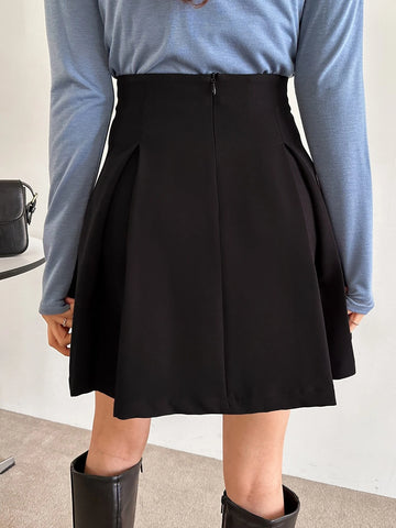 DAZY Solid High Waist Fold Pleated Detail Skirt